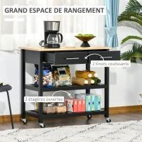 HOMCOM Chariot de service desserte de cuisine à roulettes 2 étagères 2 tiroirs noir bois naturel(m-4)