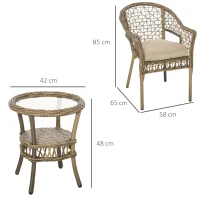 Outsunny Ensemble bistro de jardin style bohème chic 2 fauteuils avec coussins + table basse résine tressée beige(m-3)