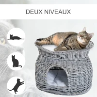 PawHut Panier chat lit chat cosy grand confort 56L x 37l x 40H cm 2 coussins amovibles osier gris(m-4)
