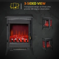 HOMCOM Free standing Electric Fireplace Stove, Fireplace Heater with LED Flame Effect, 3-sided Tempered Glass, Overheat Protection, 1000W/2000W, Black(m-4)