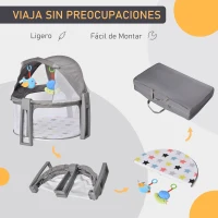HOMCOM Cuna de Viaje Plegable y Portátil Cuna Infantil para Bebé con Bolsa de Transporte Dosel Extraíble Colchón hasta 15 kg 70x74x78 cm Gris(m-6)