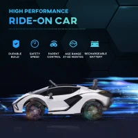 HOMCOM Lamborghini Sian Licensed 12V Kids Electric Ride On Car 2 Motors Toy Car with Remote Control Music Lights MP3 for 3-5 Years White(m-4)