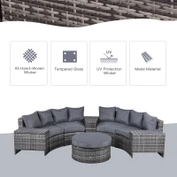 Outsunny 8 Pieces Outdoor PE Rattan Patio Sofa Set Half Round Conversation Furniture Set w/ Umbrella Hole and Two Stroage Functional Side Tables and Cushioned, Grey(m-6)