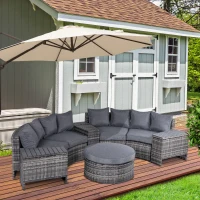 Outsunny 8 Pieces Outdoor PE Rattan Patio Sofa Set Half Round Conversation Furniture Set w/ Umbrella Hole and Two Stroage Functional Side Tables and Cushioned, Grey(m-10)