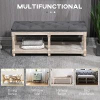 HOMCOM 2-Tier Bed End Bench, Vintage Stool, Wooden Window Seat with Storage Shelf, Button Tufted Upholstered Footstool for Living Room, Bedroom, Entryway, Grey(m-7)