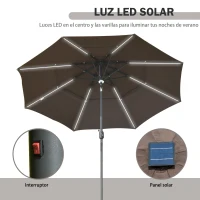 Outsunny Sombrilla de Jardín Ø300x250cm con Luces LED y Panel Solar Manivela Ángulo Ajustable en 3 Posiciones Parasol para Patio Terraza Piscina Café(m-4)