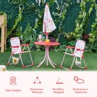 Outsunny Set de Mesa y Sillas Exterior Infantil Conjunto de Picnic Plegable para Jardín Juego de Mesa con Sombrilla Ajustable 100-125 cm Protección de UV Rojo(m-7)