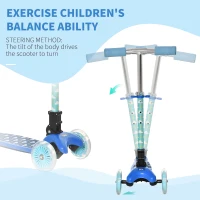 HOMCOM Kids 3 Wheel Scooter Foldable Toddler Kick Scooter Adjustable Height LED Flashing Wheels for Boys and Girls 3-8 Years Blue(m-7)