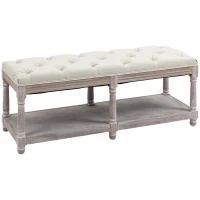 HOMCOM 2-Tier Bed End Bench, Vintage Stool, Wooden Window Seat with Storage Shelf, Button Tufted Upholstered Footstool for Living Room, Bedroom, Entryway, Cream White(m-1)