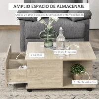 HOMCOM Mesa de Centro con Ruedas Mesa Baja de Salón con 2 Estantes Abiertos y 2 Cajones de Almacenaje 70x70x35 cm Natural(m-4)