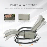 Outsunny Chaise Longue à Bascule - Rocking Chair Ergonomique - tétière Amovible, accoudoirs, Pochette Rangement - métal époxy textilène Gris Clair(m-5)