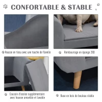 PawHut Canapé chien lit pour chien méridienne design scandinave coussin moelleux pieds bois massif dim. 82 x 55 x 49 cm velours gris(m-5)