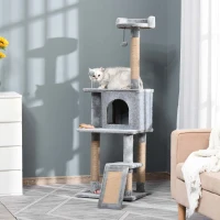 PawHut Cat Tree Tower for Indoor Cats 142cm Climbing Kitten Activity Center with Jute Scratching Post  Board Perch Roomy Condo Removable Felt Hanging Toy, Grey(m-2)