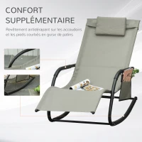 Outsunny Chaise Longue à Bascule - Rocking Chair Ergonomique - tétière Amovible, accoudoirs, Pochette Rangement - métal époxy textilène Gris Clair(m-4)