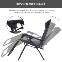 Outsunny Chaise Longue Pliable de Jardin zéro gravité tétière Acier textilène imperméable Noir(m-4)