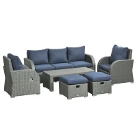 Outsunny Six-piece Outdoor Rattan Dining Set, with Reclining Armchairs - Blue(m-1)