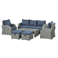 Outsunny Six-piece Outdoor Rattan Dining Set, with Reclining Armchairs - Blue(m-11)