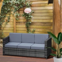 Outsunny 3 Seater Rattan Sofa with 10 cm Thick Padded Cushion, All-Weather PE Wicker Weave Garden Three-seater Bench with Armrests, Mixed Grey(m-2)