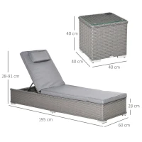 Outsunny 3PC Rattan Sun Lounger  Set Garden Recliner Chairs with Side Table 5-Position Adjustable Lounger back Beach Pool Grey(m-3)