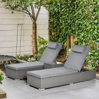 Outsunny 3PC Rattan Sun Lounger  Set Garden Recliner Chairs with Side Table 5-Position Adjustable Lounger back Beach Pool Grey(m-2)