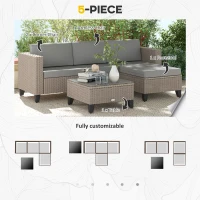 Outsunny 5-Piece Rattan Patio Furniture Set with Corner Sofa, Footstools, Coffee Table, for Poolside, Brown(m-4)