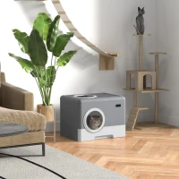 PawHut Enclosed Cat Litter Box, with Lid, Front Entry, Top Exit, Pull-Out Tray, Scoop - Grey(m-10)