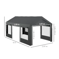 Outsunny Pavilion de Grădină cu Înălțime Reglabilă, 4 Uși și 4 Ferestre, 6x3 m, Gri Închis(m-3)