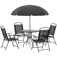 Outsunny 6 Piece Patio Dining Set with Umbrella, 4 Folding Dining Chairs & Round Tempered Glass Table for Garden, Backyard and Poolside, Black