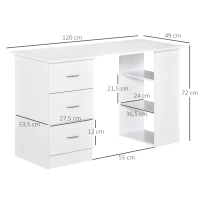 HOMCOM Computer Table, 120cm Home Office Desk, Study Workstation with 3-Tier Storage Shelves and 3 Drawers, White(m-3)