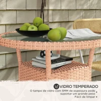 Outsunny Mesa de Vime Redonda Ø80x75 cm Mesa de Jardim com Prateleira Tampo de Vidro para Terraço e Pátio Natural(m-6)