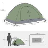 Outsunny Tenda de Campismo 2 Pessoas Dobrável com 2 Janelas de Malha Bolso Interior Bolsa de Transporte 206x152x110 cm Verde(m-3)