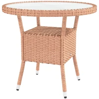 Outsunny Mesa de Vime Redonda Ø80x75 cm Mesa de Jardim com Prateleira Tampo de Vidro para Terraço e Pátio Natural(m-11)