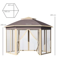 Outsunny Tenda Dobrável 4,05x3,4x2,85 m Tenda de Jardim Hexagonal com 6 Mosquiteiras Amovíveis e Altura Ajustável Bege(m-3)