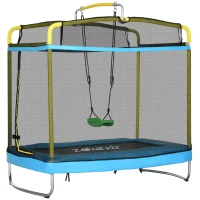 ZONEKIZ Trampolim para Crianças 3 em 1 com Superfície de Salto 160x92 cm Rede de Segurança Barra Horizontal e Baloiço Azul(m-10)