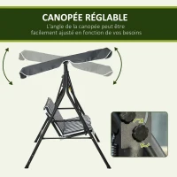 Outsunny Balancelle de Jardin 3 Places Toit Inclinaison réglable Coussins Assise et Dossier Acier Noir Polyester Gris(m-3)