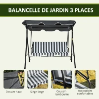 Outsunny Balancelle de Jardin 3 Places Toit Inclinaison réglable Coussins Assise et Dossier Acier Noir Polyester Gris(m-5)