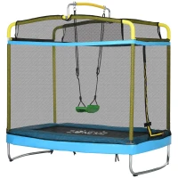 ZONEKIZ Trampolim para Crianças 3 em 1 com Superfície de Salto 160x92 cm Rede de Segurança Barra Horizontal e Baloiço Azul(m-11)