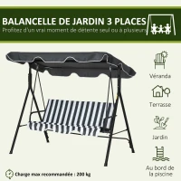 Outsunny Balancelle de Jardin 3 Places Toit Inclinaison réglable Coussins Assise et Dossier Acier Noir Polyester Gris(m-6)