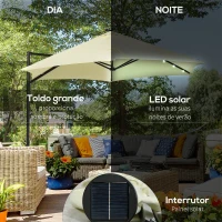 Outsunny Chapéu de Sol Excêntrico Ø256x248 cm com Luzes LED Solar Mastro Giratório 360° Chapéu de Sol de Exterior com Manivela Manual Bege(m-4)