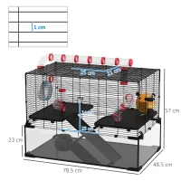 PawHut Gerbil Cage, Dwarf Hamster Cage, with Deep Glass Bottom, Tunnels, Ramps, Hut, Exercise Wheel, 78.5 x 48.5 x 57cm(m-3)