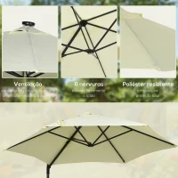 Outsunny Chapéu de Sol Excêntrico Ø256x248 cm com Luzes LED Solar Mastro Giratório 360° Chapéu de Sol de Exterior com Manivela Manual Bege(m-5)