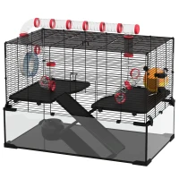 PawHut Gerbil Cage, Dwarf Hamster Cage, with Deep Glass Bottom, Tunnels, Ramps, Hut, Exercise Wheel, 78.5 x 48.5 x 57cm(m-1)
