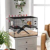 PawHut Gerbil Cage, Dwarf Hamster Cage, with Deep Glass Bottom, Tunnels, Ramps, Hut, Exercise Wheel, 78.5 x 48.5 x 57cm(m-2)