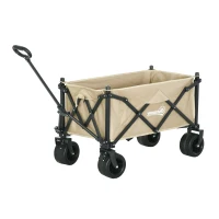 Outsunny Folding Garden Trolley, Outdoor Wagon Cart with Carry Bag, for Beach, Camping, Festival, 120KG Capacity, Khaki(m-1)
