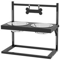 PawHut Comedouro Elevado para Cães com 2 Tigelas Altura Ajustável e 1 Peça de Metal com Formato de Osso 40,5x22x39 cm Preto(m-11)
