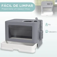 PawHut Caixa de Areia para Gatos Amovível com Pá Escova 2 Portas Entrada Principal e Saída Superior 48,5x38x36,5 cm Cinza(m-4)