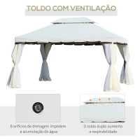 Outsunny Pérgola de Jardim 390x290 cm com Teto de Ventilação 4 Cortinas Laterais Tela Mosquiteira e 8 Orifícios de Drenagem Branco(m-5)