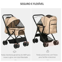 PawHut Carrinho para Animais de Estimação Dobrável com Cesta de Armazenamento Cinto de Segurança 76,5x52x95 cm Marrom Claro(m-9)