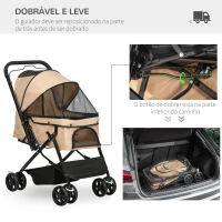 PawHut Carrinho para Animais de Estimação Dobrável com Cesta de Armazenamento Cinto de Segurança 76,5x52x95 cm Marrom Claro(m-5)