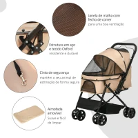 PawHut Carrinho para Animais de Estimação Dobrável com Cesta de Armazenamento Cinto de Segurança 76,5x52x95 cm Marrom Claro(m-8)